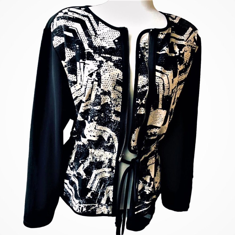 MEGA WEAR Black Tunic with Lace and Small Sequins Long Sleeves Zip Front Sz 18